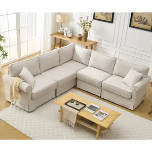 Modular Sectional Sofa Set,Convertible L Shaped Couch ,5 Seat,Reversible Sectional Sofa Couch,Upholstered,Corner Sofa,Rolled Arms,Soft Linen Fabric,  Beige