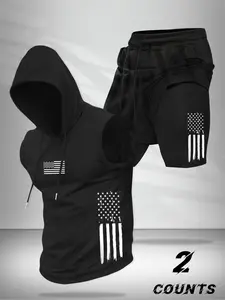 Two-Piece Set Men's American Flag Print Hooded Tank Top & Shorts, Regular Fit Casual Comfy Breathable Sleeveless Top & Shorts for Gym Workout Running, Men's Clothing for Summer, Sports Clothing Set