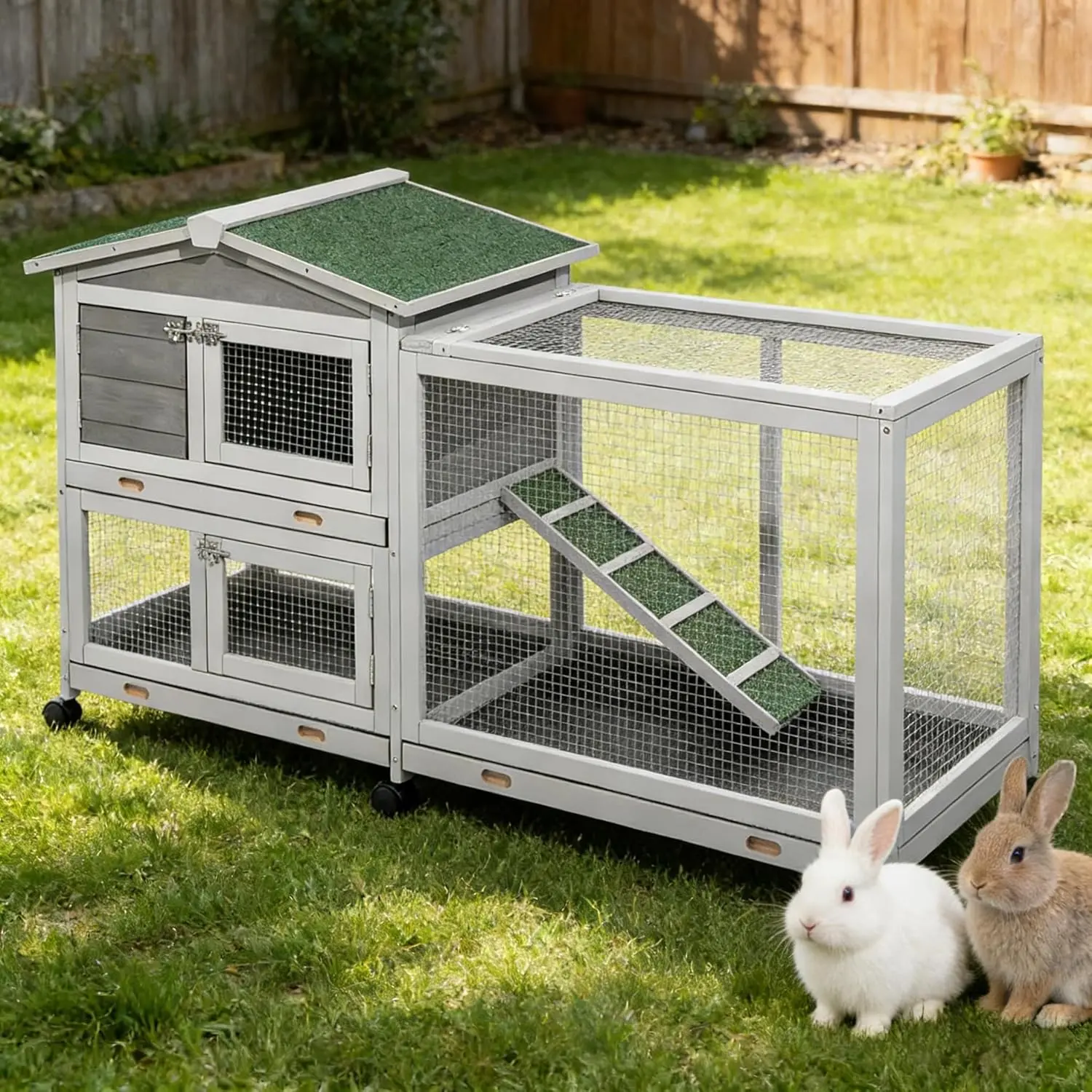 AECOJOY 62" 2-Tier Rabbit Hutch Indoor & Outdoor Bunny Cage | Waterproof Roof, Removable Cleaning Tray, 6 Rolling Wheels, Easy to Build, for Bunny, Duck, Chick, Guinea Pig