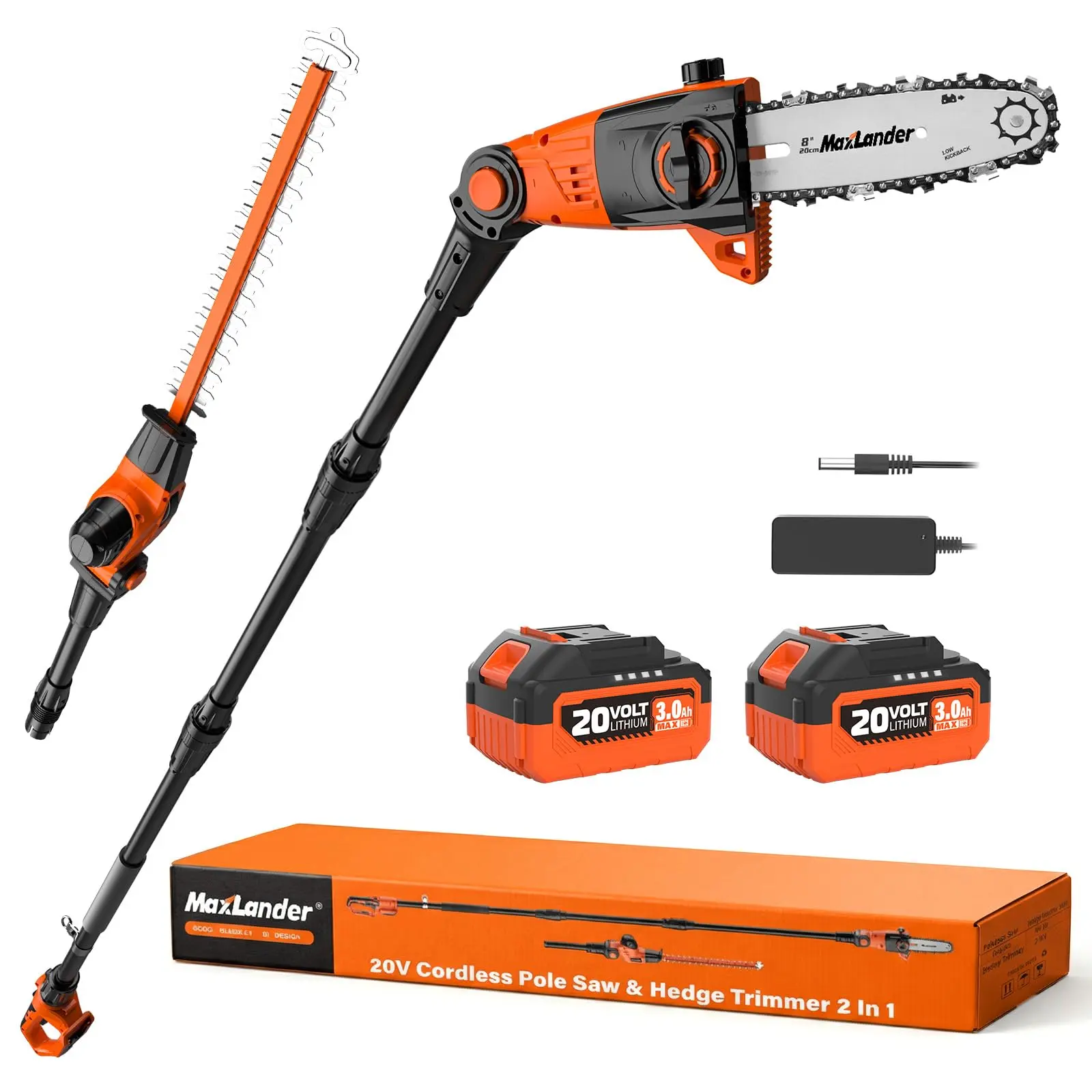 MAXLANDER 2-in-1 Cordless Pole Tool Set - 8-in Saw, 18-in Hedge Trimmers, 15-ft Max Reach, 16ft/s Speed, 20V Battery-Powered Tool with 2.0Ah Batteries, Charger, Rubber Grip for Tree Pruning, Outdoor Tasks, Yard Work