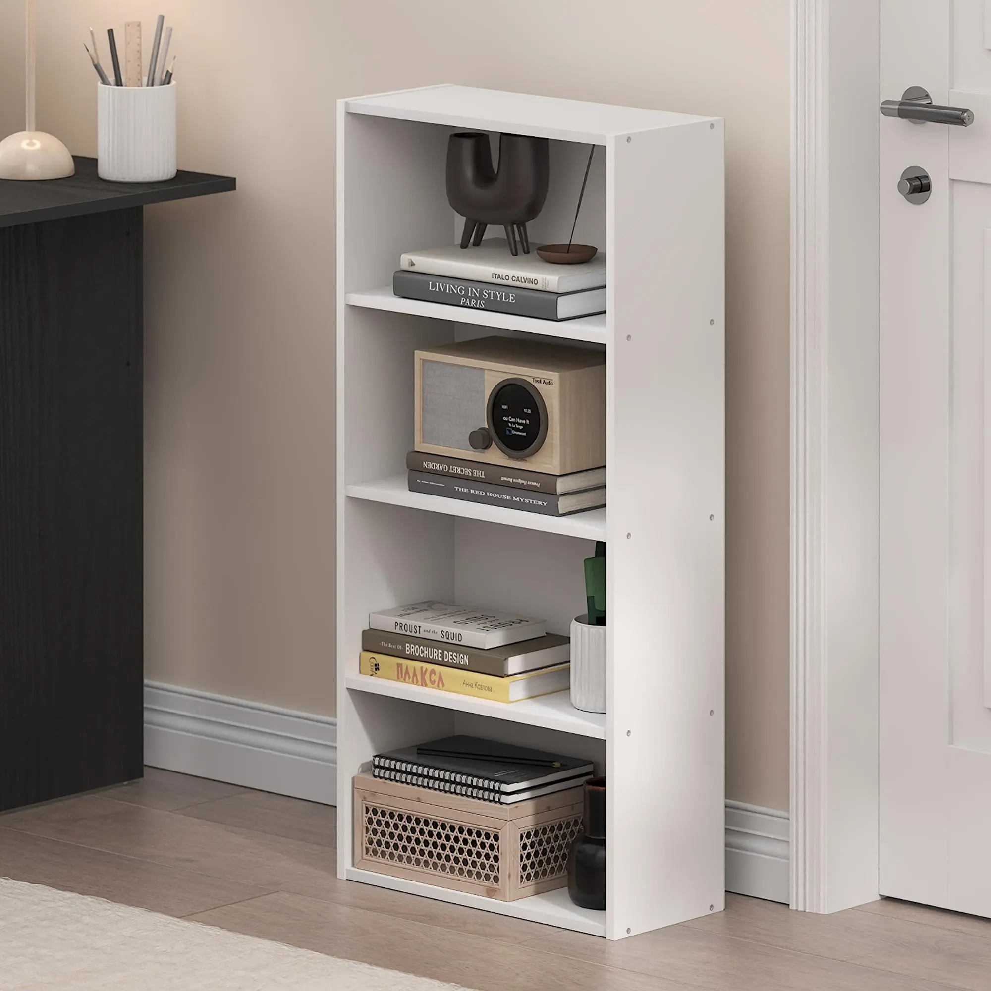 Minimalist White 4-Tier Open Shelf Cube Organizer - Bookshelf Book Rack, Multi Layer Bookshelf, 7.3(d)x16.6(w)x35.0(h)in, 15lb-30lb Capacity, Living Room Bedroom Furniture Storage Display