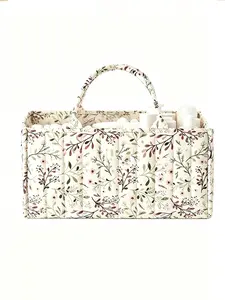 Floral print quilted storage basket with handle, large capacity multi-purpose storage bag, soft cosmetic and sundries storage bag, suitable for home and travel
