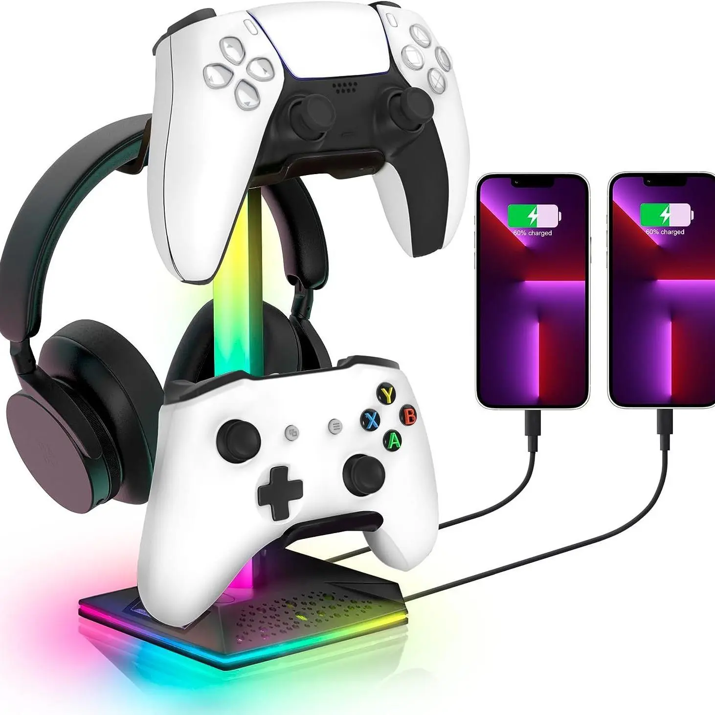 RGB Gaming Headphone Holder with 2 USB Ports, Non-slip Rubber Base Headphone Holder Stand with 10 Light Modes, Headphone Holder for All Headphones, Gaming Products, Multifunctional Headphone Charging Station, Headphones Accessories Charging