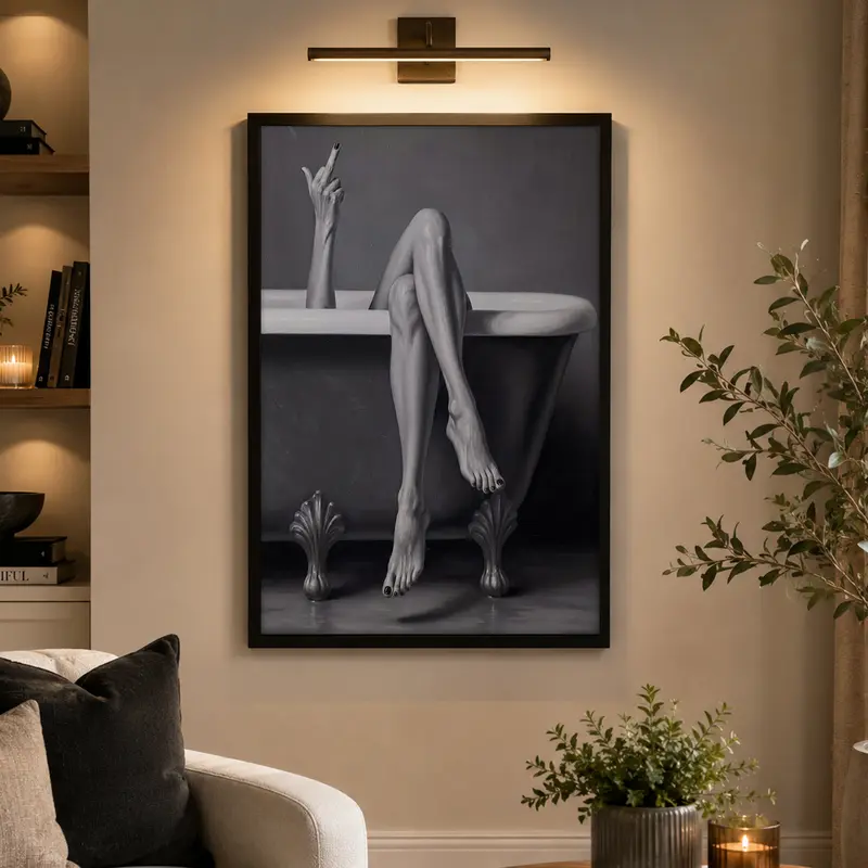 Vintage Black and White Bathroom Wall Decor Posters - 1 Frame Artistic Cool Vintage Wall Art, Trendy Woman Middle Finger Print, Woman Legs in Tub Designs, Home Decor Items