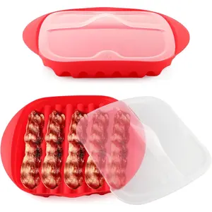 Microwave Bacon Cooker Tray with Vented Lid - Crisper Pan for 4-6 Slices in 3 Minutes, Splatter Shield & Fat Draining Tray for Healthy Cooking, Also for Sausages & Patties(Color:Red)