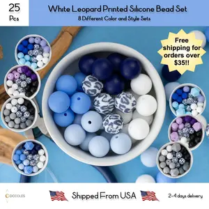 25pcs, White Leopard Silicone Bead Mix Round Silicone Beads