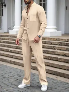 New Men's Two-Piece Set, Christmas Gift, Friday, Fall Winter Clothing, Waffle Texture, Long Drawstring Waist Pants, Casual Wear, Top