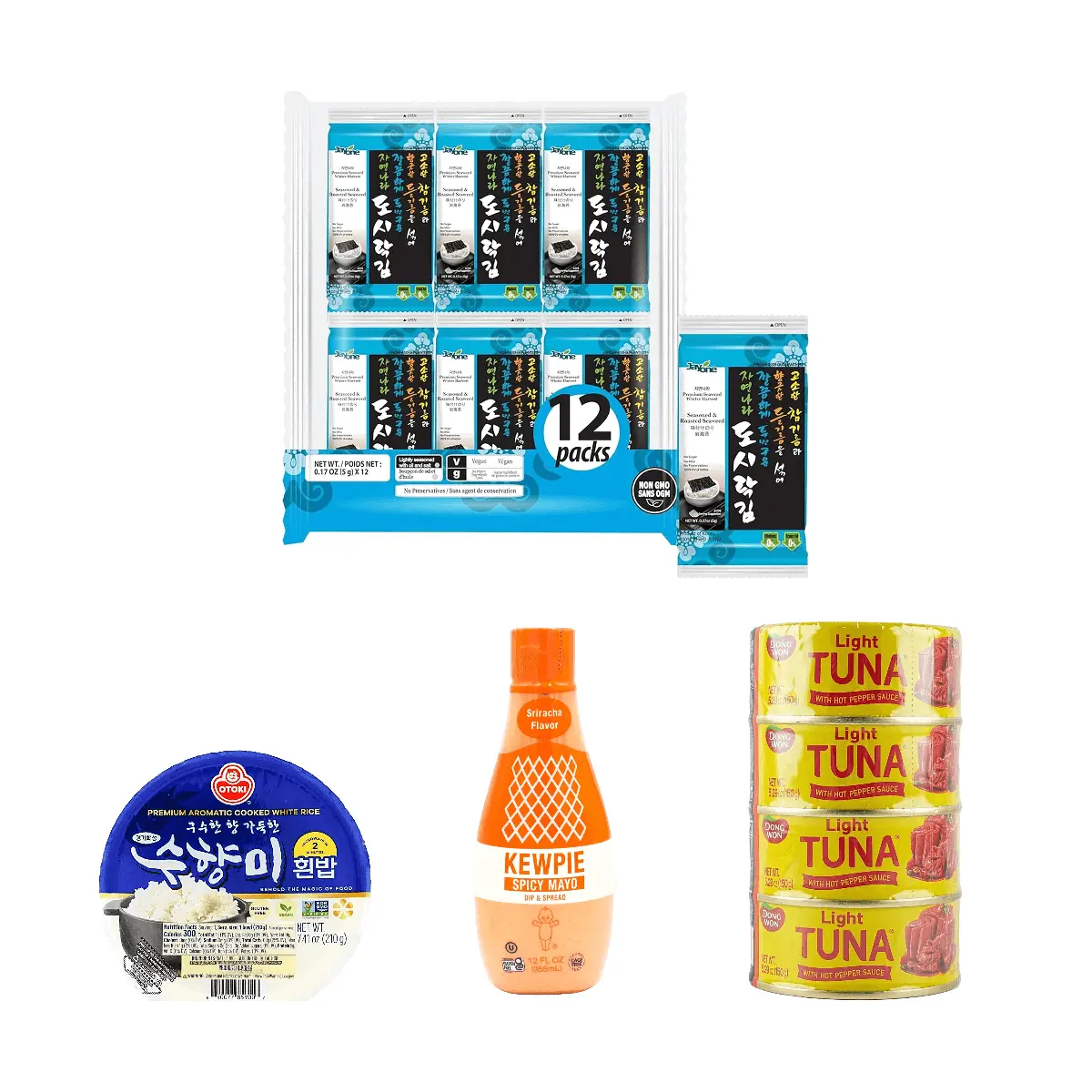 JAYONE Korean Seasoned Seaweed, DONGWON Spicy Tuna, OTOKI Instant Rice, KEWPIE Sriracha Mayo - 4pc Value Pack
