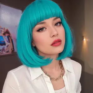 quickwig Short Bob Wig with Bangs Teal Blue Wig Bluish Green Wig Colored Wigs Heat Resistant Synthetic Mermaid Wig Party Cosplay Wigs for Women
