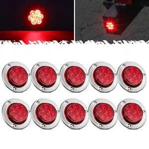 Partsam 10Pcs 2 inch Red 7LED Side Marker Clearance Light Turn Signal with Stainless Steel Bezel For Trailer Truck, High/Low Brightness