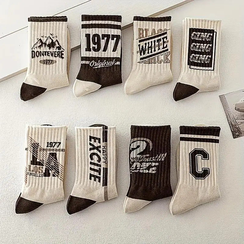5 Pairs Men's Crew Socks, Comfortable Retro Athletic Knit Socks with Letter Pattern in Neutral Earth Tones, Workout Socks, Elastic Socks