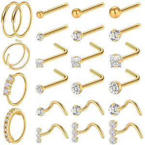 23 Pcs Gold Nose Rings For Women 18G/20G Nose Piercing Jewelry L Shape Nose Studs Stainless Steel Hoop