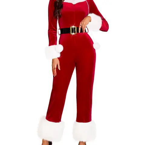 RSLOVE Women's Fitted Red Velvet Jumpsuit - Fluffy Faux Fur Trim, Festive Santa Theme, Includes Belt, Chic Casual Holiday Costume
