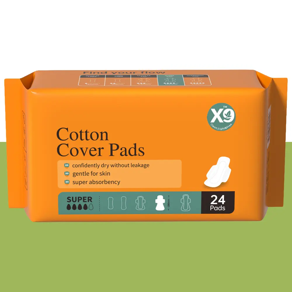 X9 100% Organic Cotton Sanitary Maxi Pads with Wings, 280mm, Super Absorbent and Leakproof, 8HR Odor Control, Unscented, For Sensitive Skin, 24 Count, Maxi Pad, Disposable Pads