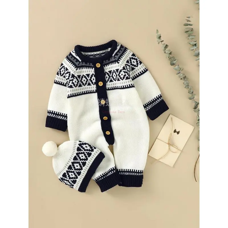 NewNewborn Infant Geometric Pattern Sweater Romper Long Sleeve Button Jumpsuit & Hat  Toddler Baby Boys And Girls, Suitable  Indoor And Outdoor Wear Stars Zipper gentleman suit winter neck short 2-piece in st fall casual communion Shirt for plaid tract