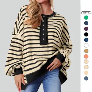 Imily Bela Women's Oversized Striped Sweatshirts Henley Shirts Color Block Casual Pullover Waffle Knit Tops
