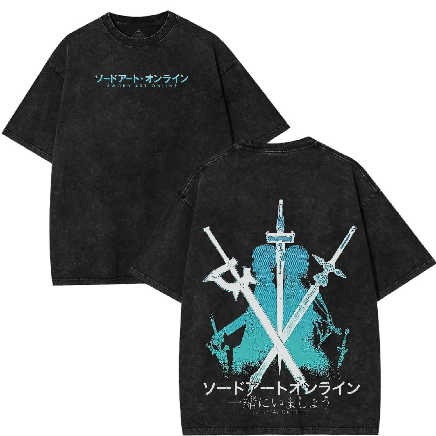 Kirito x Asuna Lets Stay Together Washed Tee, SAO Sword Art Online Anime Oversized Print Acid Wash Graphic T-Shirt, Y2K Streetwear Gift For Fan Manga Lover Otaku Merch