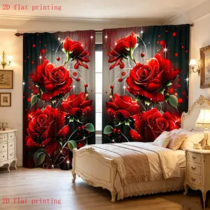 2-piece set of black background red rose green leaf digital printed curtains - machine washable polyester fiber material, semi transparent, top pole bag design, home decorator, 2D flat, bedroom and living room curtains, kitchen curtains, window curtain