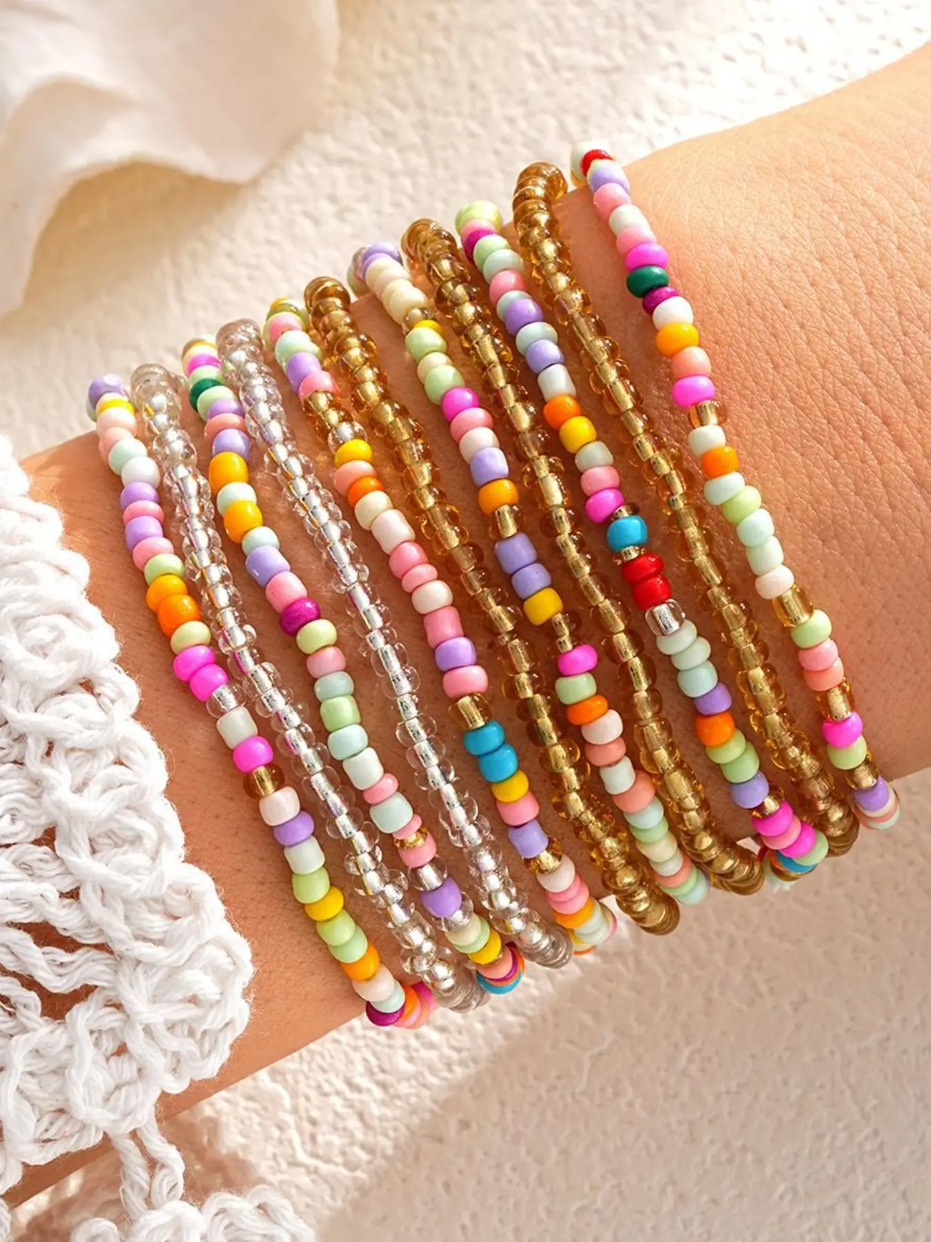 11pcs Boho Colorful Seed Bead Bracelet Stack, Trendy Layered Stretch Friendship Bracelets, Beaded Bracelets, Y2K Rainbow Bangles, Handmade Preppy Set