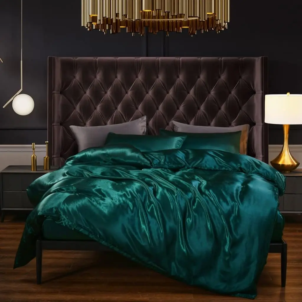 Feelyou Modern Silk Satin Duvet Cover - Multi-Size, Emerald Green, Vivid Print, Zippered Closure, Chic Luxurious Silky Texture Quilt Cover for Adults' Bedroom Decor (No Comforter), Satin Duvet Covers
