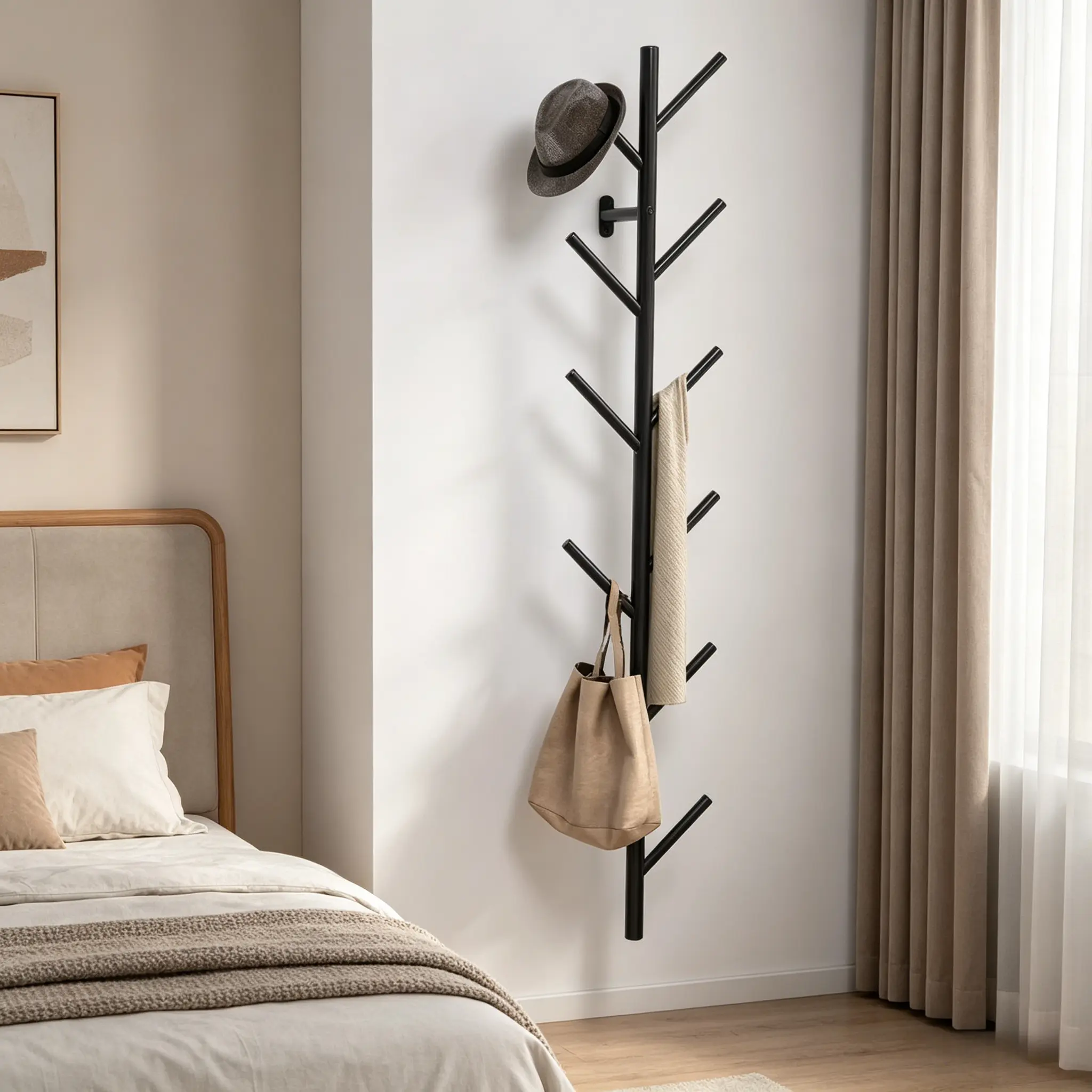 【HUOMAQFAN】 Wall-Mount Vertical Alloy Steel Hook Coat Rack - 120lb Capacity Snag-Free Clothes Organizer, Split Into 2 Racks Modern Floating Home Hanger, Easy Installation for Entryway, Bedroom Decor (Holds Coats, Scarves, Bags, Hats), Wall Mounted Hat Rac