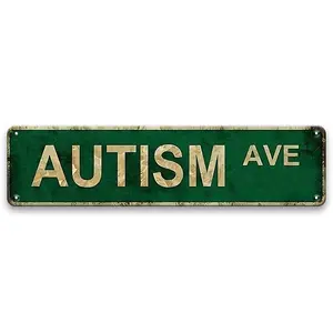1 Vintage "Autism Ave" Metal Tin Sign (4" x 16") - Distressed Green and White, Wall Decor for Home, Bar, Cafe, Garage |   Country Street Sign Style, Vintage Tin Sign, Wall Metal Plaque