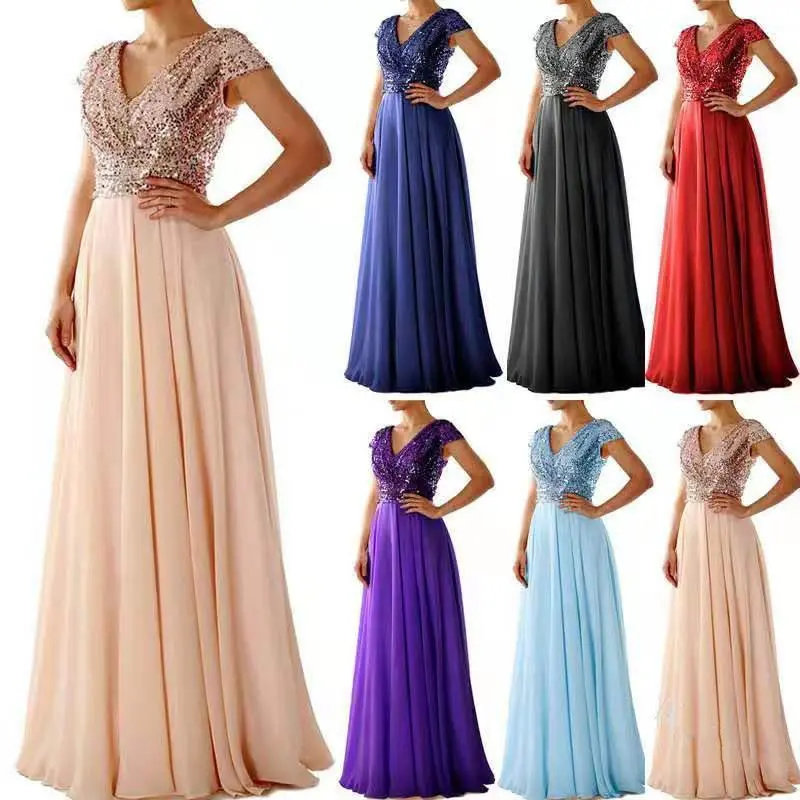 Spr and Summer Women's Sleeveless Dress V-neck Sequins Elegant Chiffon Stitch Even Dress Formal Womenswear