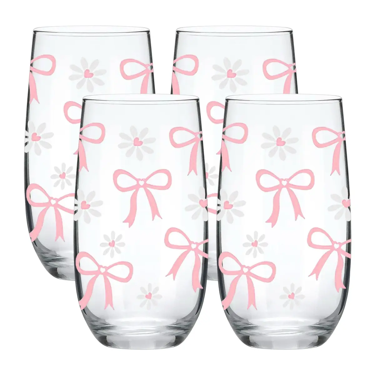 17 oz Bow&Daisy Pattern Highball Glasses, 1/4 Pack Tall Glass Sets, Crystal Glass Drinking Glasses. Water Glasses, Mojito Glass Cups, Tom Collins Bar Glassware, Mixed Drink Cocktail Glass Set, Drinkware