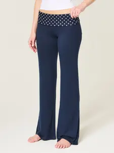 Y2K Polka Dot Foldover Waist Flare Sweatpants, Casual Plaid Bow Design Bottom, Fitted All-Season Loungewear, Heather Finish, Women