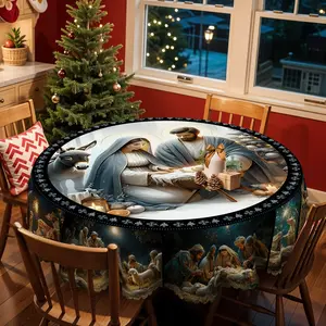 XEXSIN Christmas Decor Tablecloth with Jesus' Birth Scene, Biblical Birth Of Jesus Tablecloth, Holiday Party Decoration Tablecloth, Kitchen Accessories, Round Table Cloth, Table Cloth Rectangle Table, Table Cover Gift For Friends