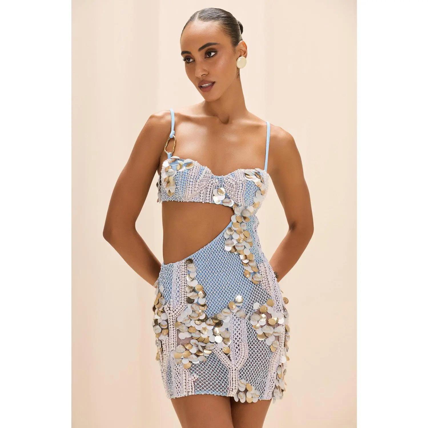 SEASHELL EMBROIDERY CUT OUT MINI DRESS