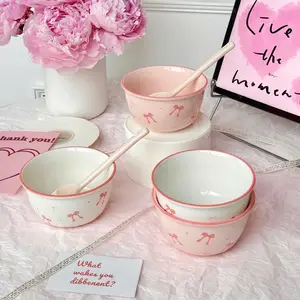 Cute Bow Pattern Ceramic Tableware Set, Including 2 Bowls & 2 Spoons, Perfect for Cereal, Soup, Yogurt and Desserts