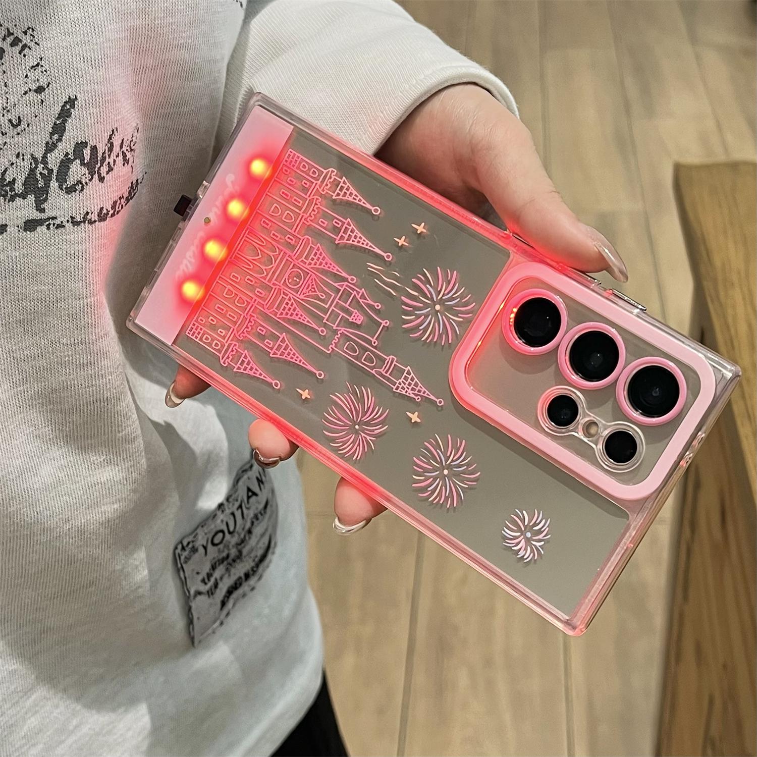 LED Fantasy Castle Fireworks Phone Case, Light up Phone Case For Samsung Galaxy S26/S25/S24 Ultra Plus,Cute Glowing Clear Phone Cover