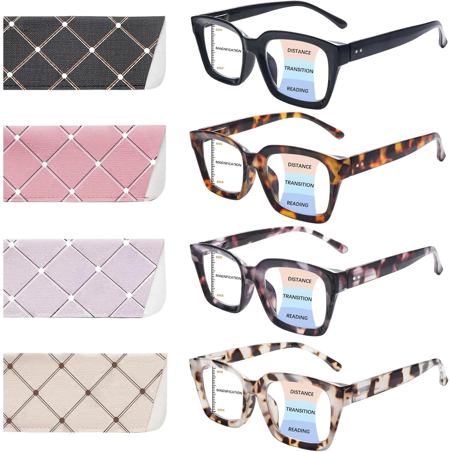 Women's 4-Pack High-Quality Oprah-Style Progressive Multifocus Eyewear - UV-Blocking Blue Light Readers for PC, Lightweight Fashion Eyewear Accessories, High Quality Eyewear