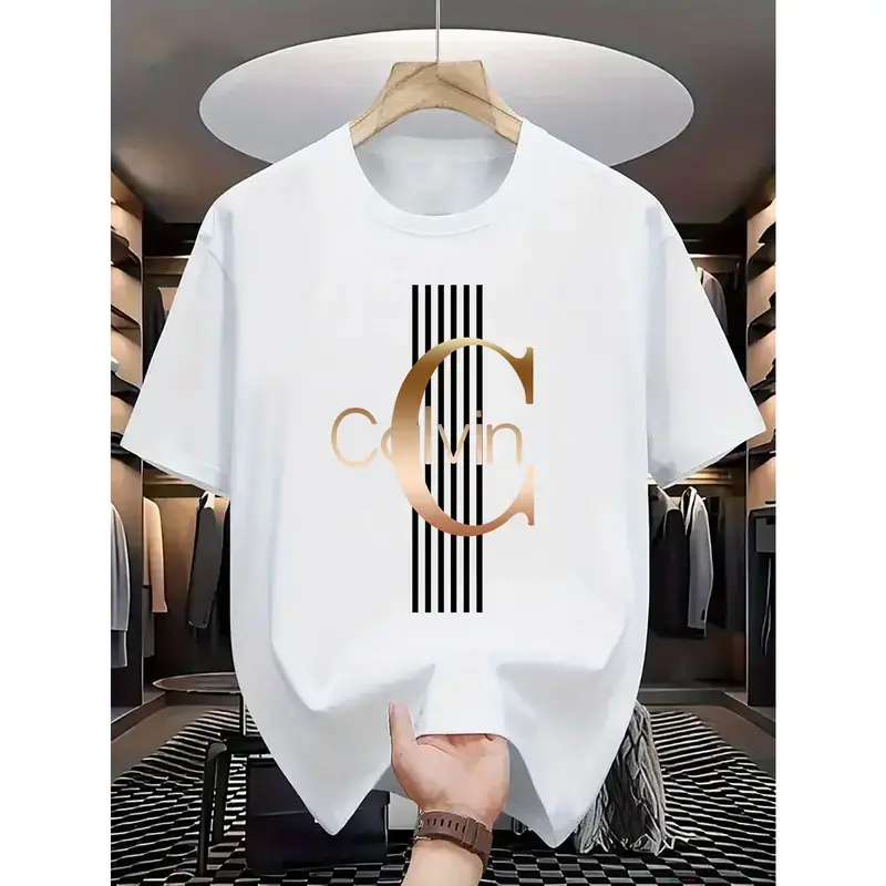 Men's Calvin Graphic Print Cotton T-Shirt - Short-Sleeve, Fashion Menswear, Bold Letter-Striped Gold Accent Stylish Oversized Crew Neck, Breathable Comfort Streetwear, Ideal Holiday Valentine's Day Gift For Him, Casual