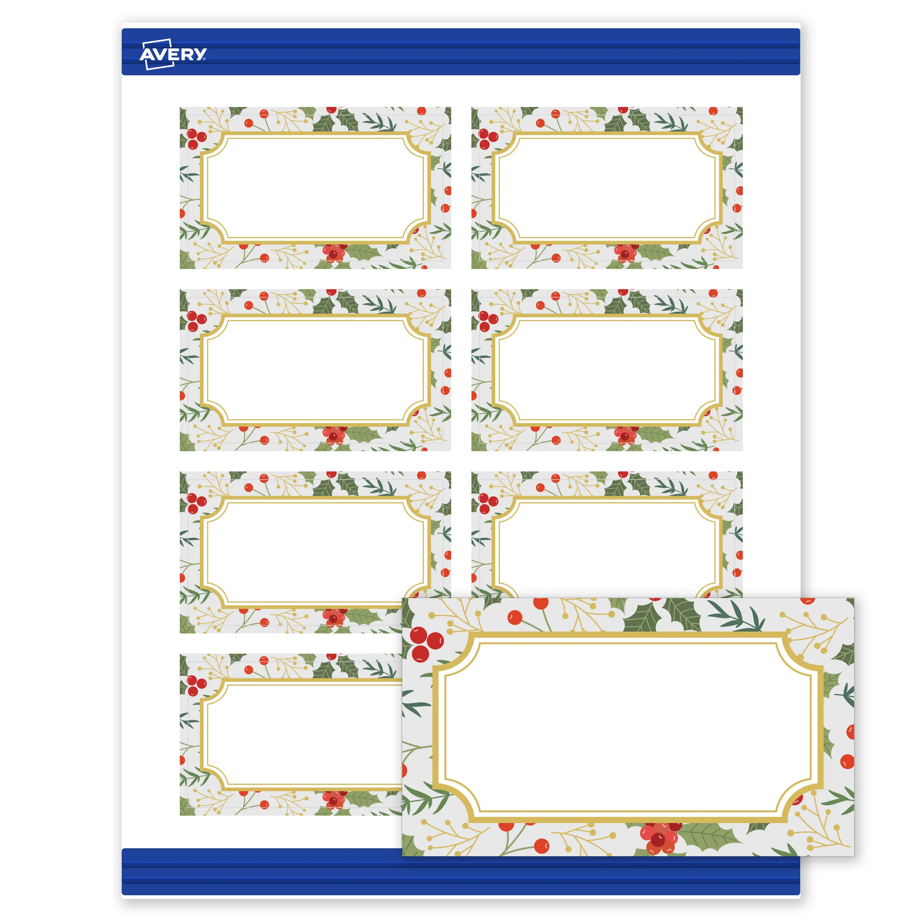 Avery® Printable Christmas Business Cards with Sure Feed® Technology, Rectangle, 2" x 3-1/2", Pre-Printed Light Blue Border with Metallic Gold Frame, Matte White, Laser & Inkjet Compatible, 80 Total, Holiday, Customizable