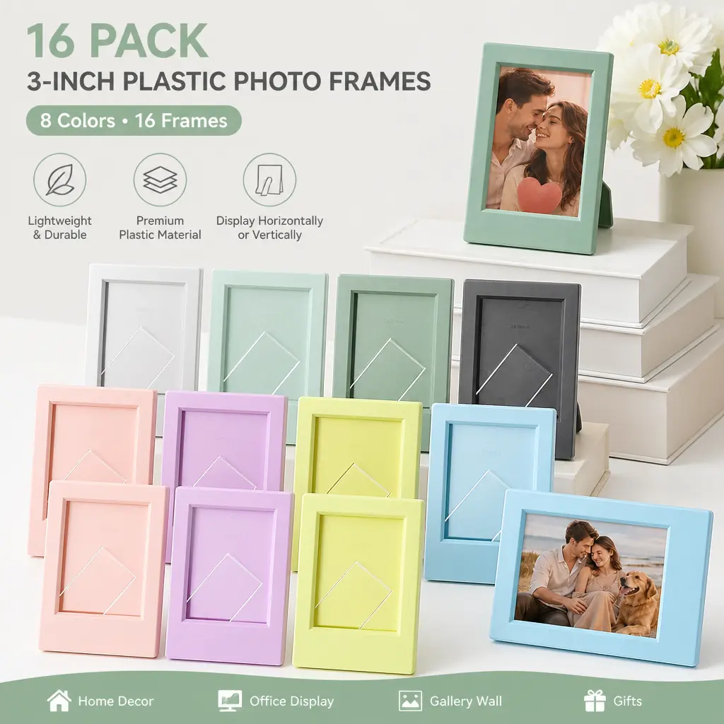 Decorative 16-Pcs Instax Mini Picture Frames (2x3 In ABS+PP), 8 Colors, Tabletop Stand/Hang Design, 16 Frames for Home Office Decor, Mid-Year Sale, 16Pcs, Durable