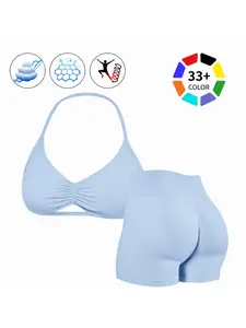 Women's Two-Piece Set, Solid Color Halter Top & High Waist Shorts, Sporty Breathable Quick-Dry for Yoga Gym Workout Running, Breathable Activewear