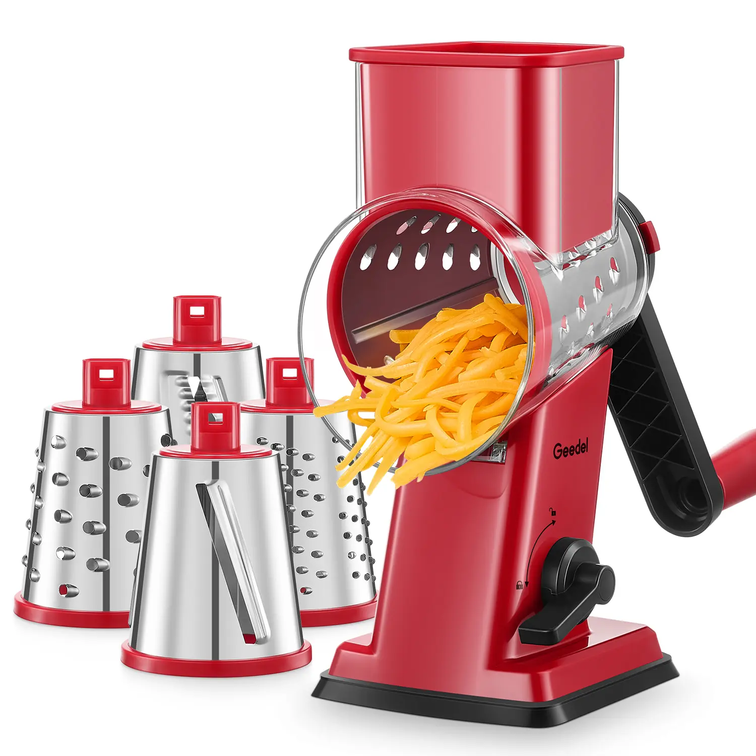 Geedel 4-in-1 Rotary Cheese Grater Shredder - BPA-Free Kitchen Gadget with Handle, Plastic Body, Reinforced Suction Cups, Stainless Steel Wavy Blades, Vegetable Slicer, Detachable Rack for Hassle-Free Customizable Flavor Prep (Red)