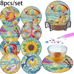 8-Piece Beach Ocean Diamond Painting Coasters with Stand, DIY 5D Starfish Dolphin Sunflower Drink Coasters, Non-Slip Home Decor Accessories