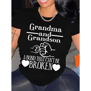 Grandma And Grandson Print Crew Neck T-shirt, Casual Short Sleeve Top For Spring & Summer, Women's Clothing