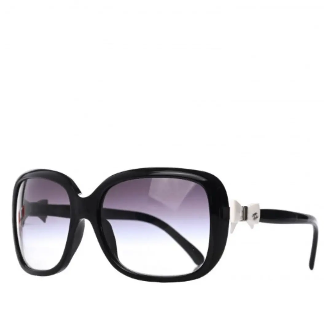 Pre-owned CHANEL CC Bow Sunglasses Black White W/Case & Cleaning Cloth # 1569