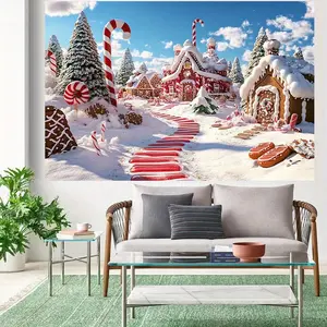 1pc 2D Flat estive Gingerbread House Christmas Backdrop - Polyester Party Banner with Snowy Winter Scene Red White Striped Candy Cane Gingerbread House Design Holiday Celebrations Photo Shoots Cozy Me