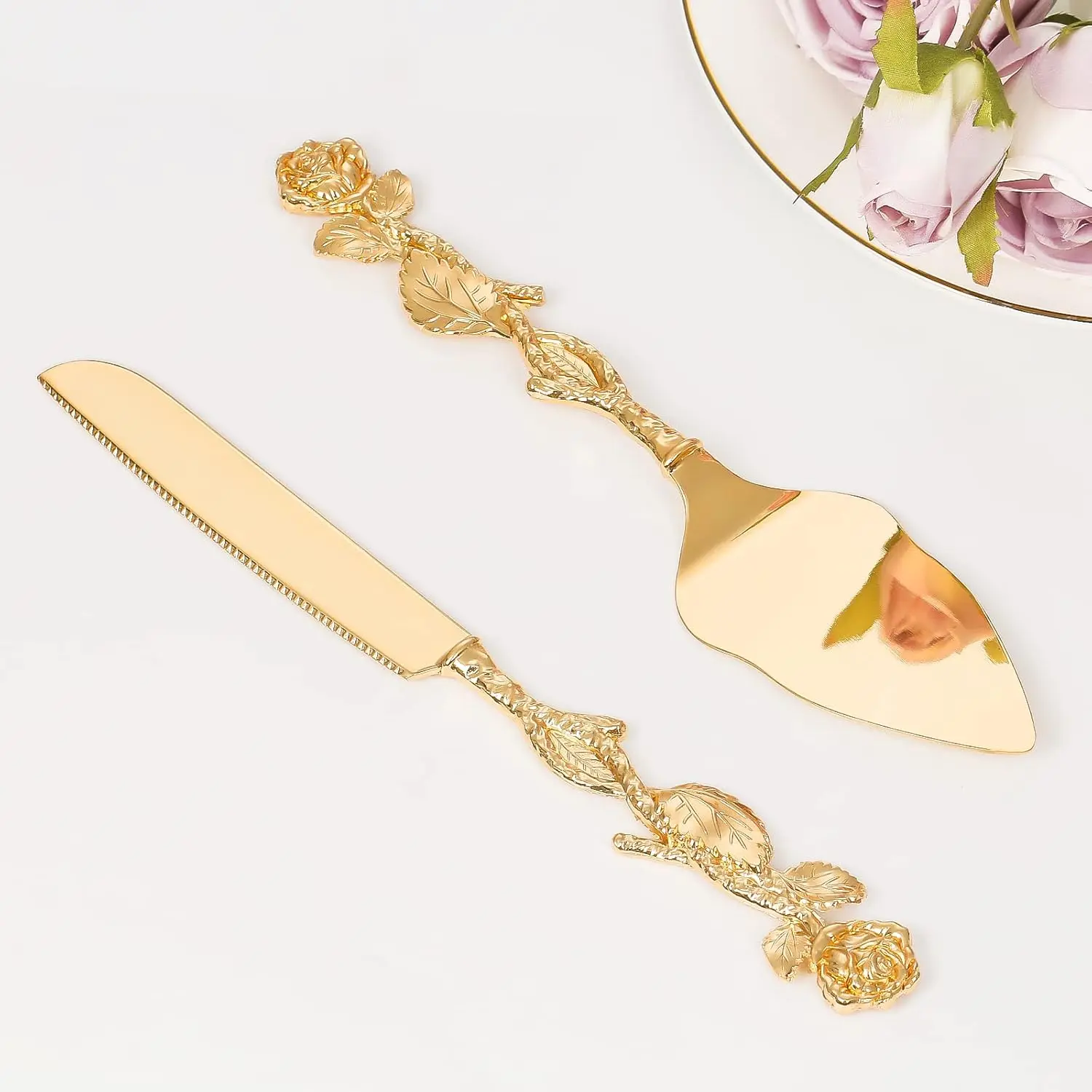 2Pcs Cake Cutting Set for Wedding, Gold Cake Knife and Server Set, Cake Serving Set, Engraved Pastry Pie Server Cake Pizza Cutter, Birthday Bridal Gift