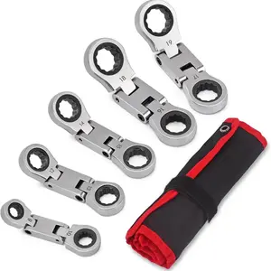 Stubby Wrenches Set, Flex Head Ratcheting Wrench Set,72-Tooth, Quick Release for Sockets, Combination Wrench Set for Tight Spaces-5 Pieces Metric
