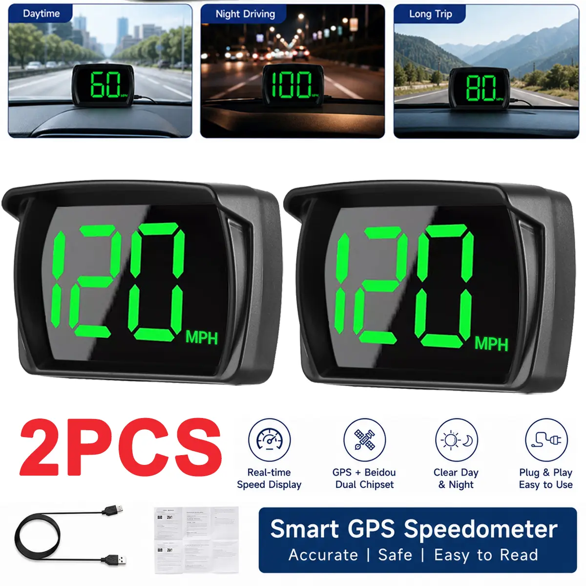 2PCS Universal Smart Car Digital GPS Speedometer HUD, HD Head-Up Display with MPH Speed Reading for Motorbikes