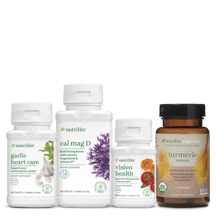 Amway Nutrilite Healthy Aging Solution Bundle | Garlic Heart Care | Cal Mag D | Vision Health | Turmeric Capsules | Garlic Extract Calcium Magnesium Vitamin D Turmeric Extract Lutein Zeaxanthin Nutrilite Wellness Collection