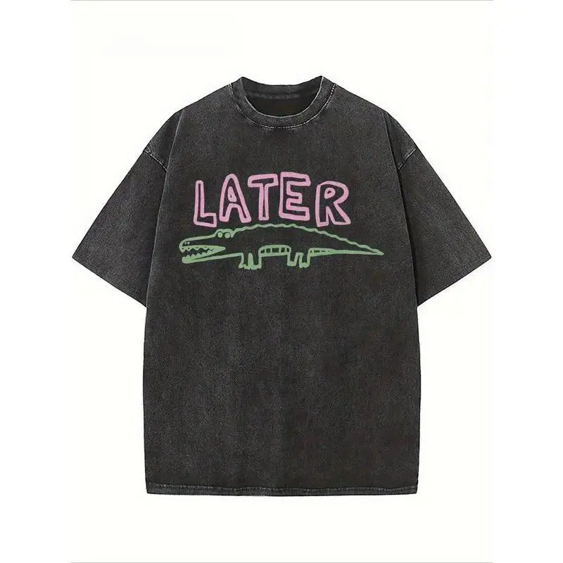 Men's Unisex Vintage Graphic Tee - Short Sleeve, Round Neck, Washed Breathable Loose Fit, Sarcastic Later Gator Alligator Print for Valentine, Holiday Parties, Vintage Graphic Tees