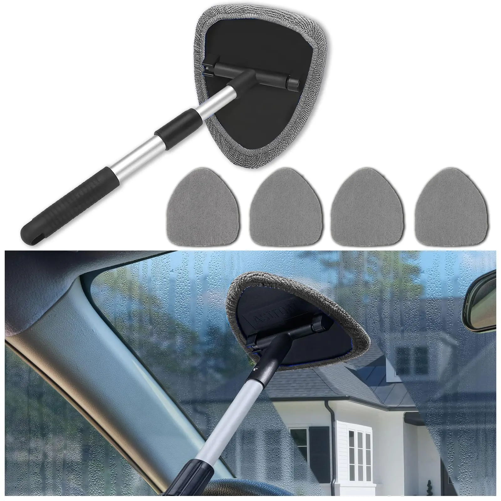 Windshield Cleaning Kit with Extendable Handle, Windshield Cleaning Tool and Extendable Handle, Reusable Car Windshield Cleaner for Auto Interior Exterior Glass Home Windows