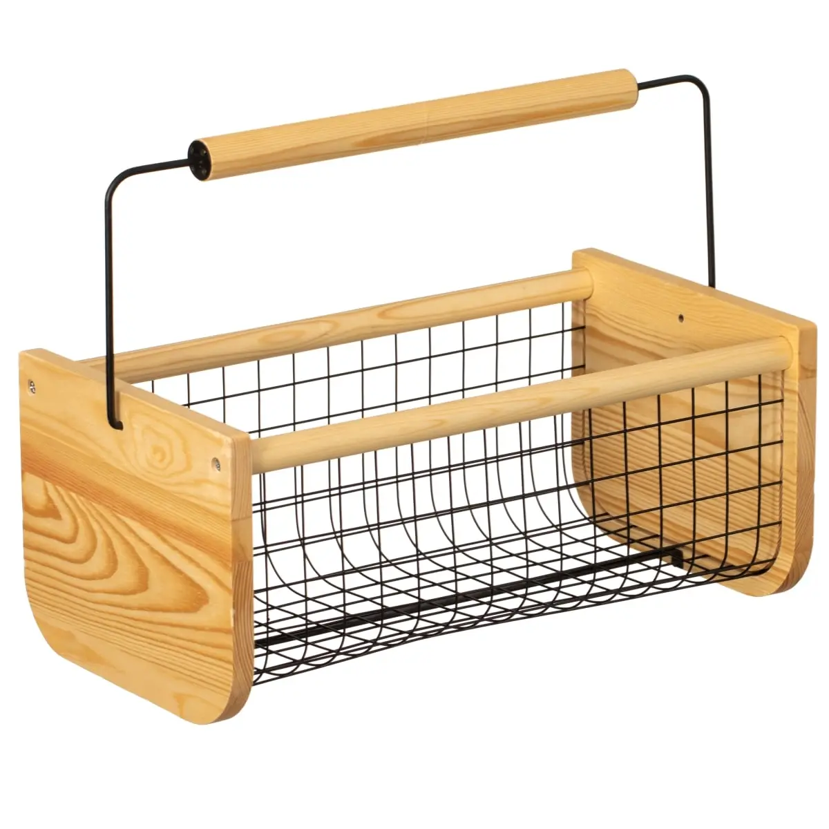 Gardenised QI004918 Lightweight Vintage Pine Wood & Metal Mesh Harvest Basket with Straight Handle, Farmhouse Decor Gift for Fruits, Vegetables, Floral Displays, Kitchen Organization